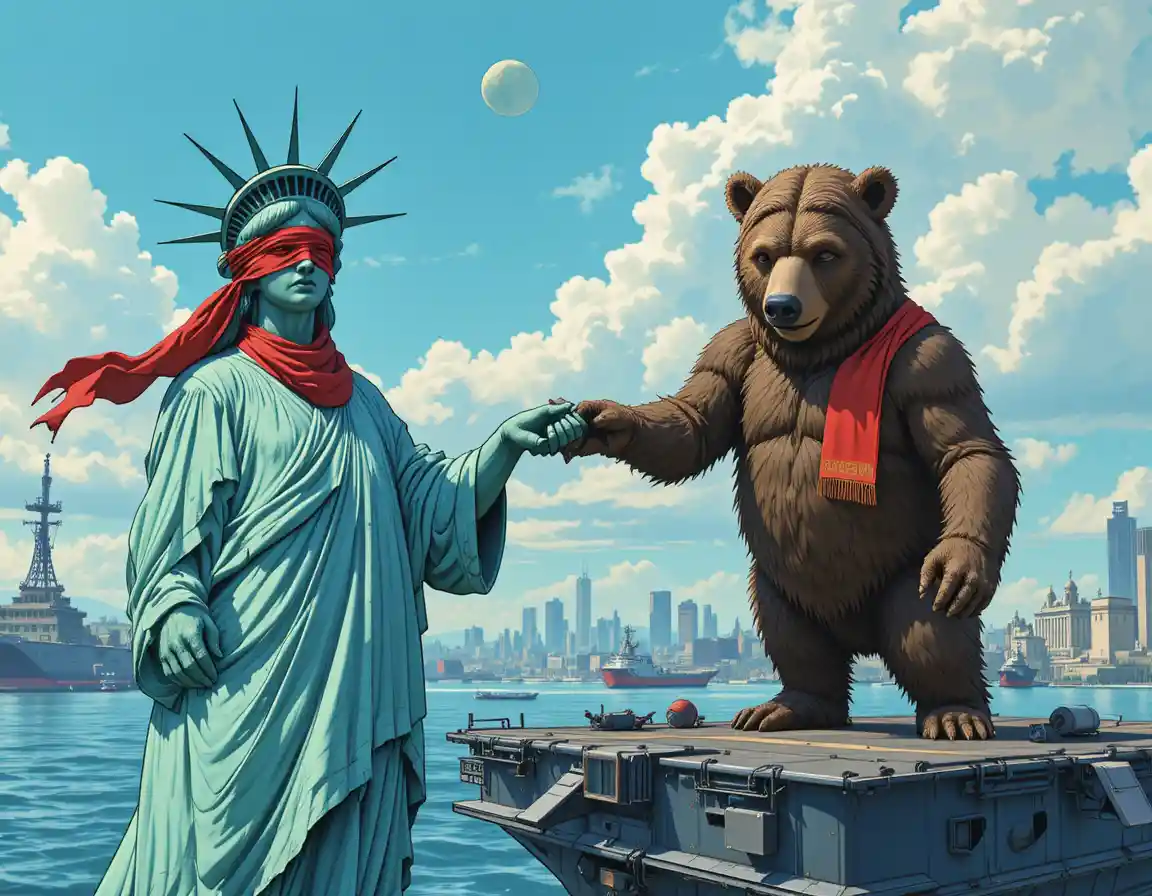 Estátua da Liberdade apertando a mão de um urso russo
