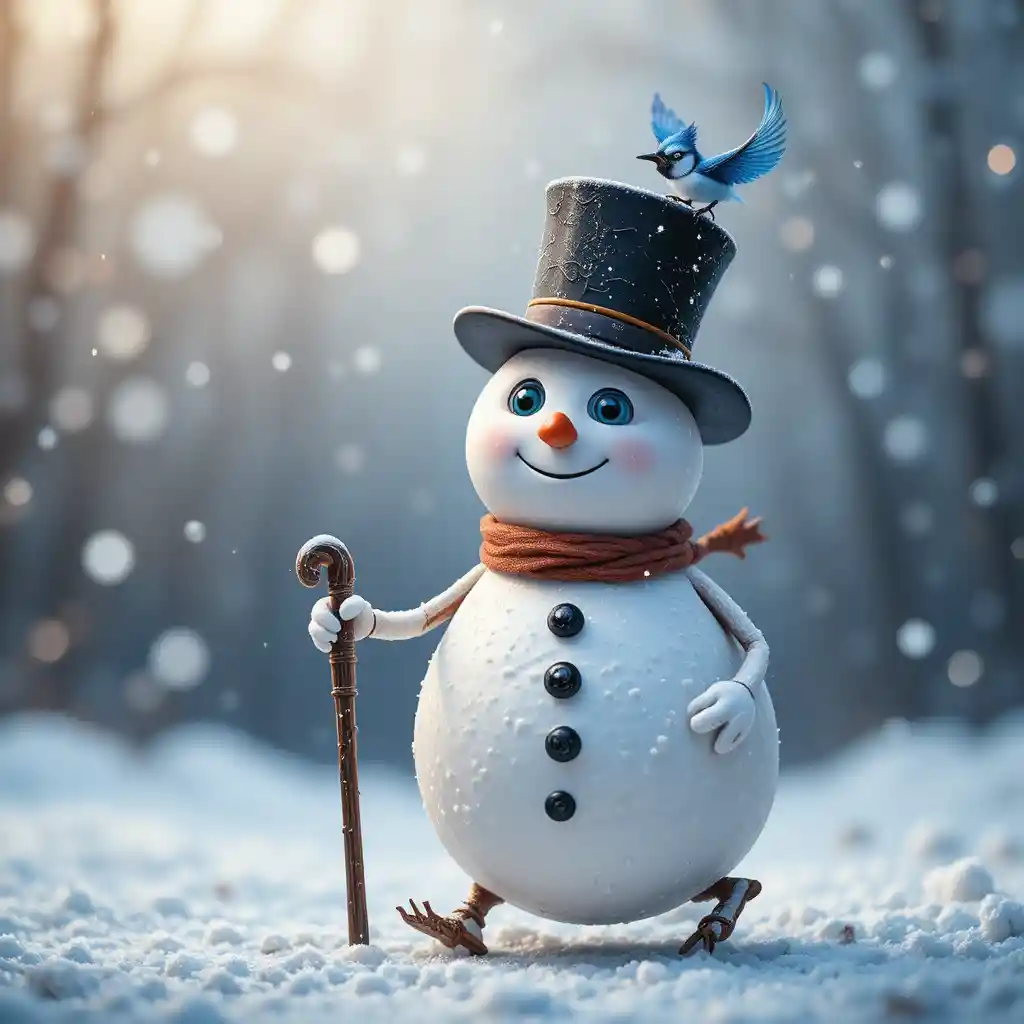 Whimsical snowman with cane and blue jay top hat