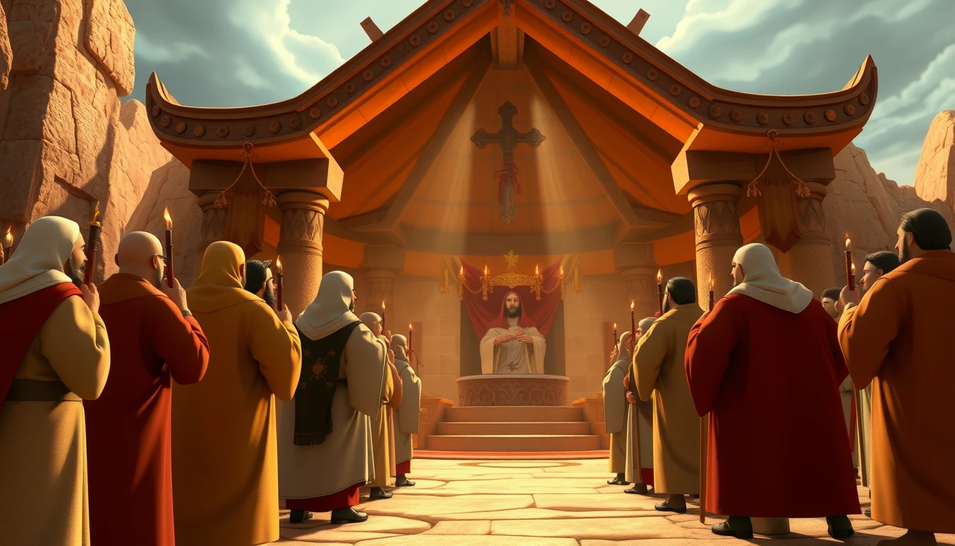3d priests performing tabernacle rituals in sacred interior
