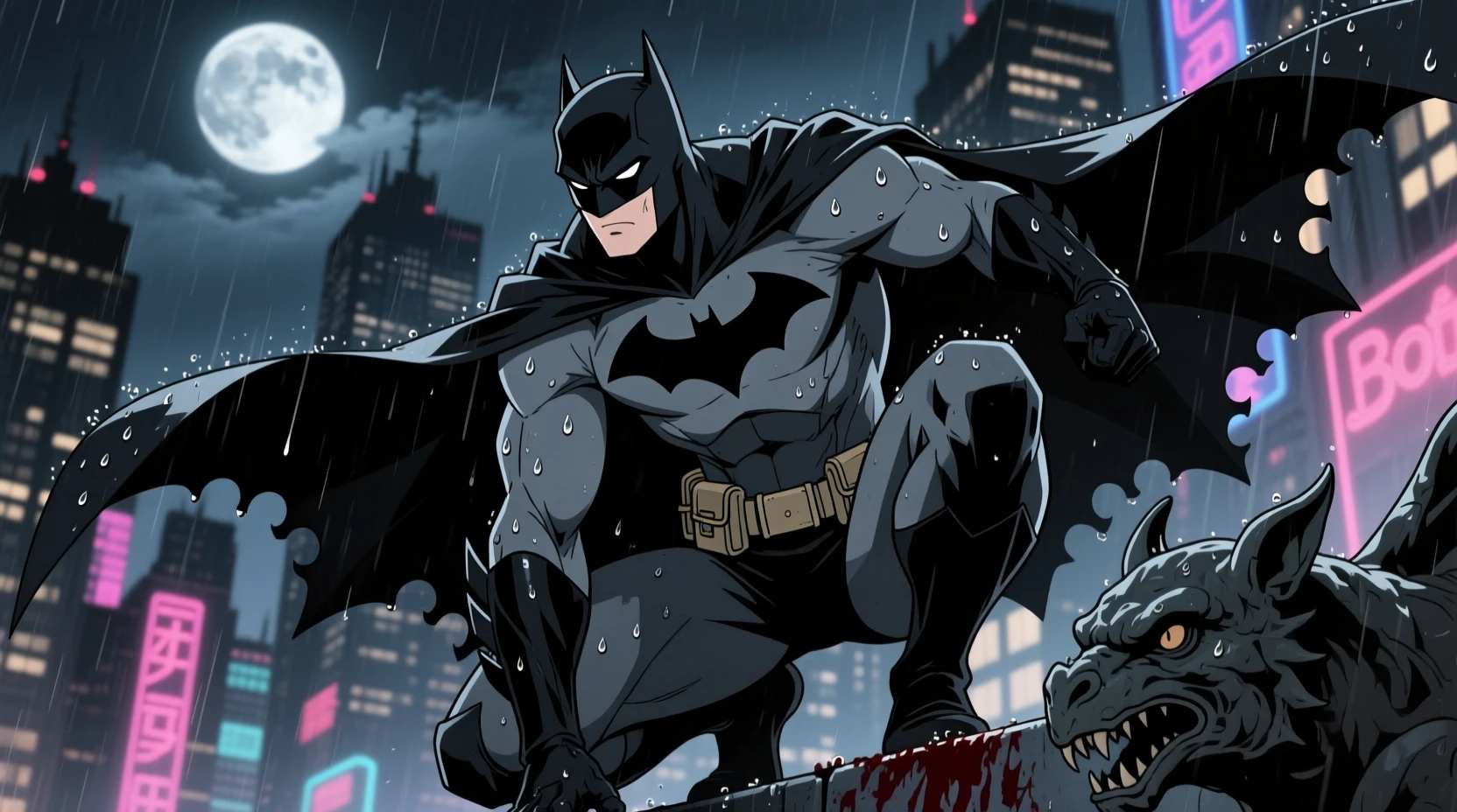 Anime superhero crouching on gothic city gargoyle at night
