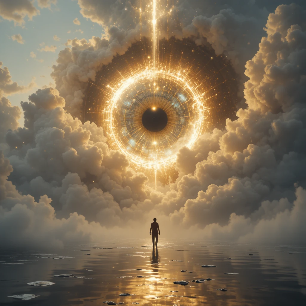 Cosmic eye emerging from glowing clouds above reflective water