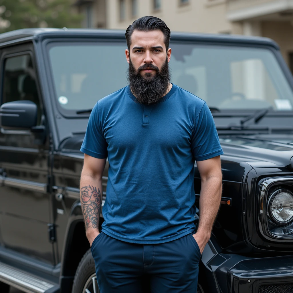 Homem de camiseta azul em pé ao lado de um carro preto
