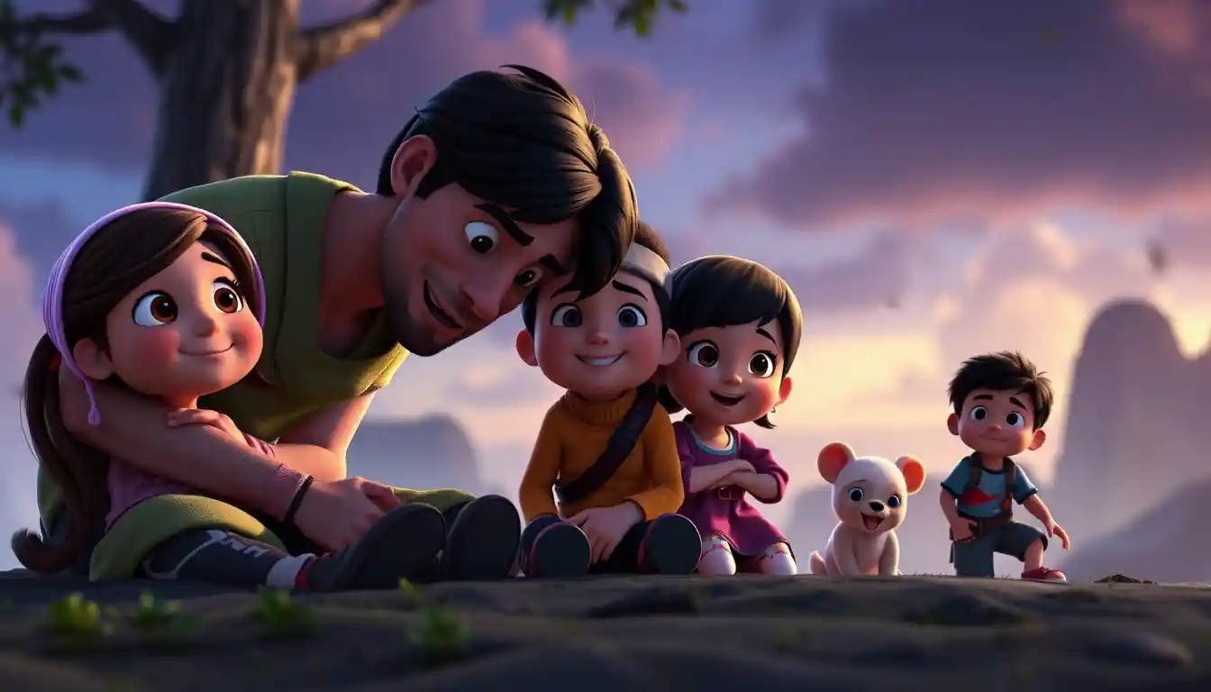 Família 3D em estilo Disney Pixar ficando mais forte junta