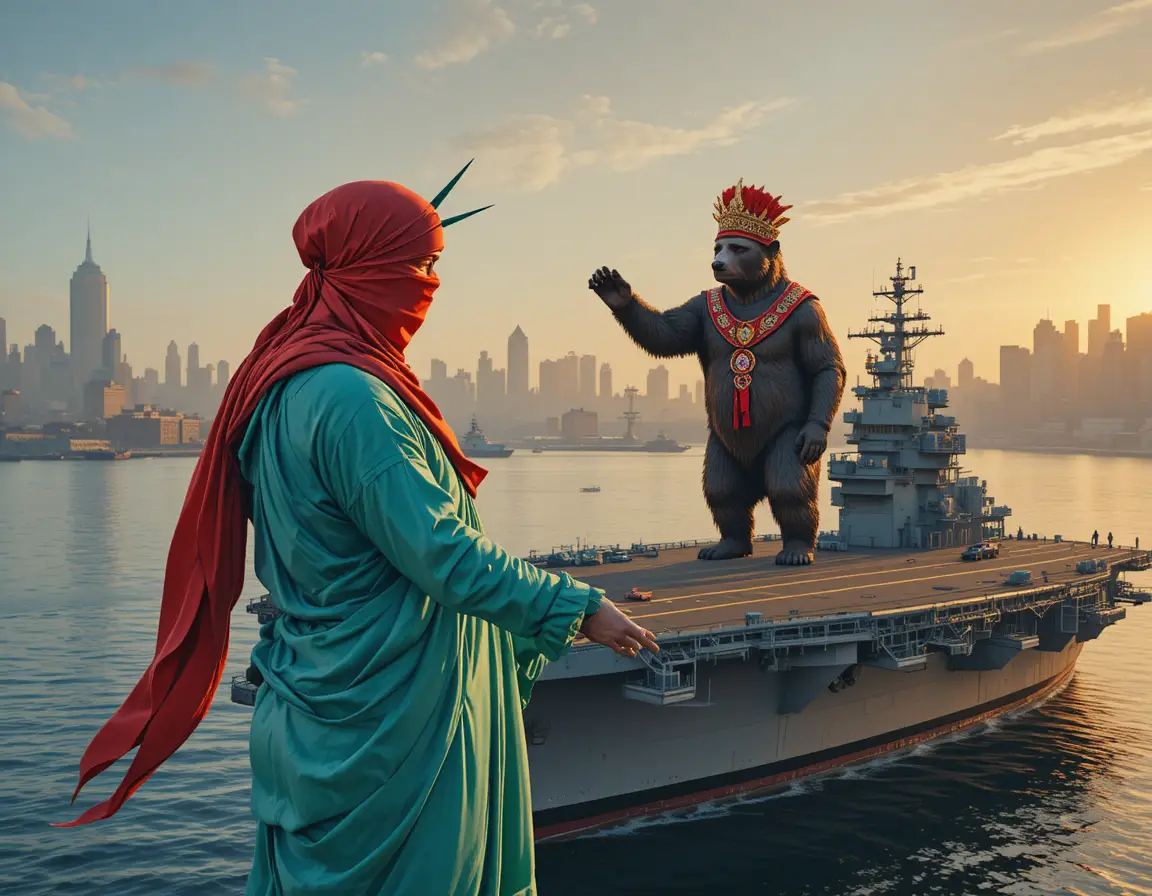 La Estatua de la Libertad saludando a un oso ruso en el mar