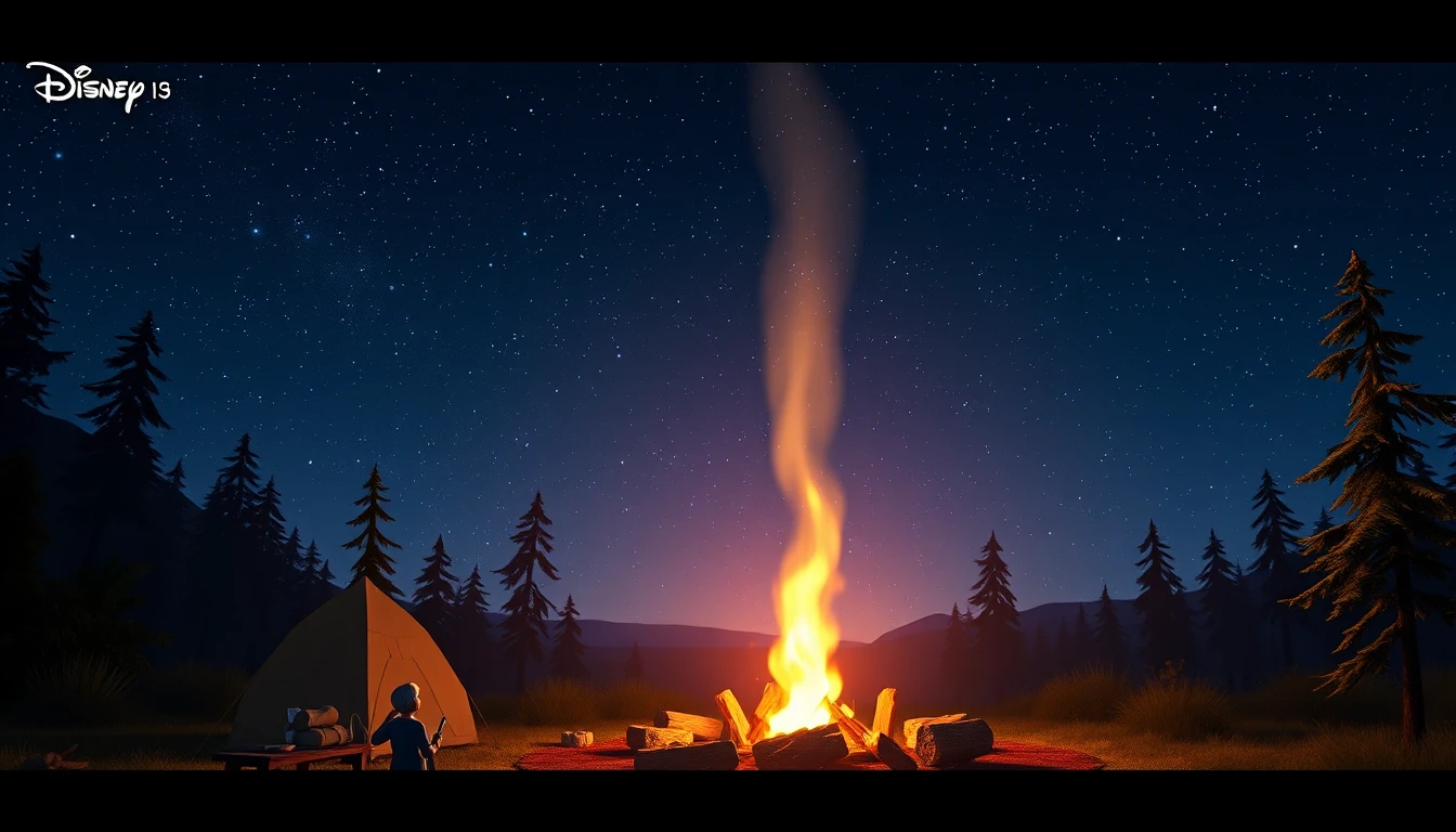 Cena épica de acampamento noturno com fogueira imponente sob um céu estrelado