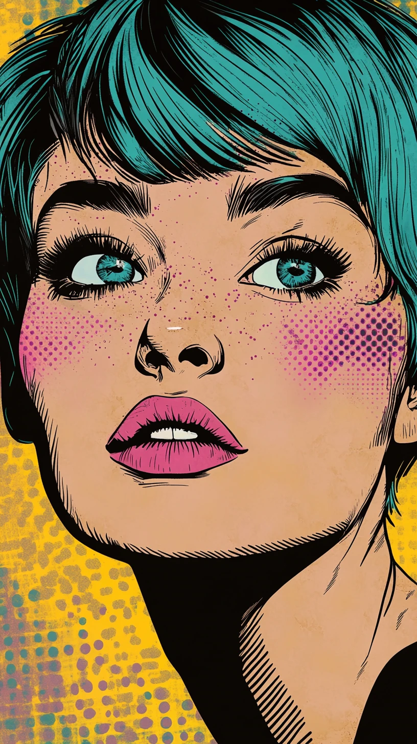 Ritratto pop art di ragazza dai capelli verde petrolio con sguardo sicuro