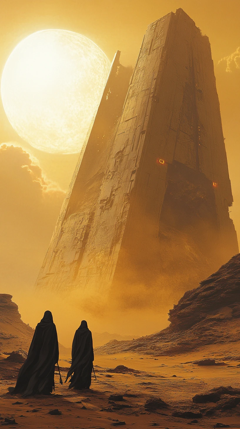 Two travelers cross a desert toward a ruined alien structure