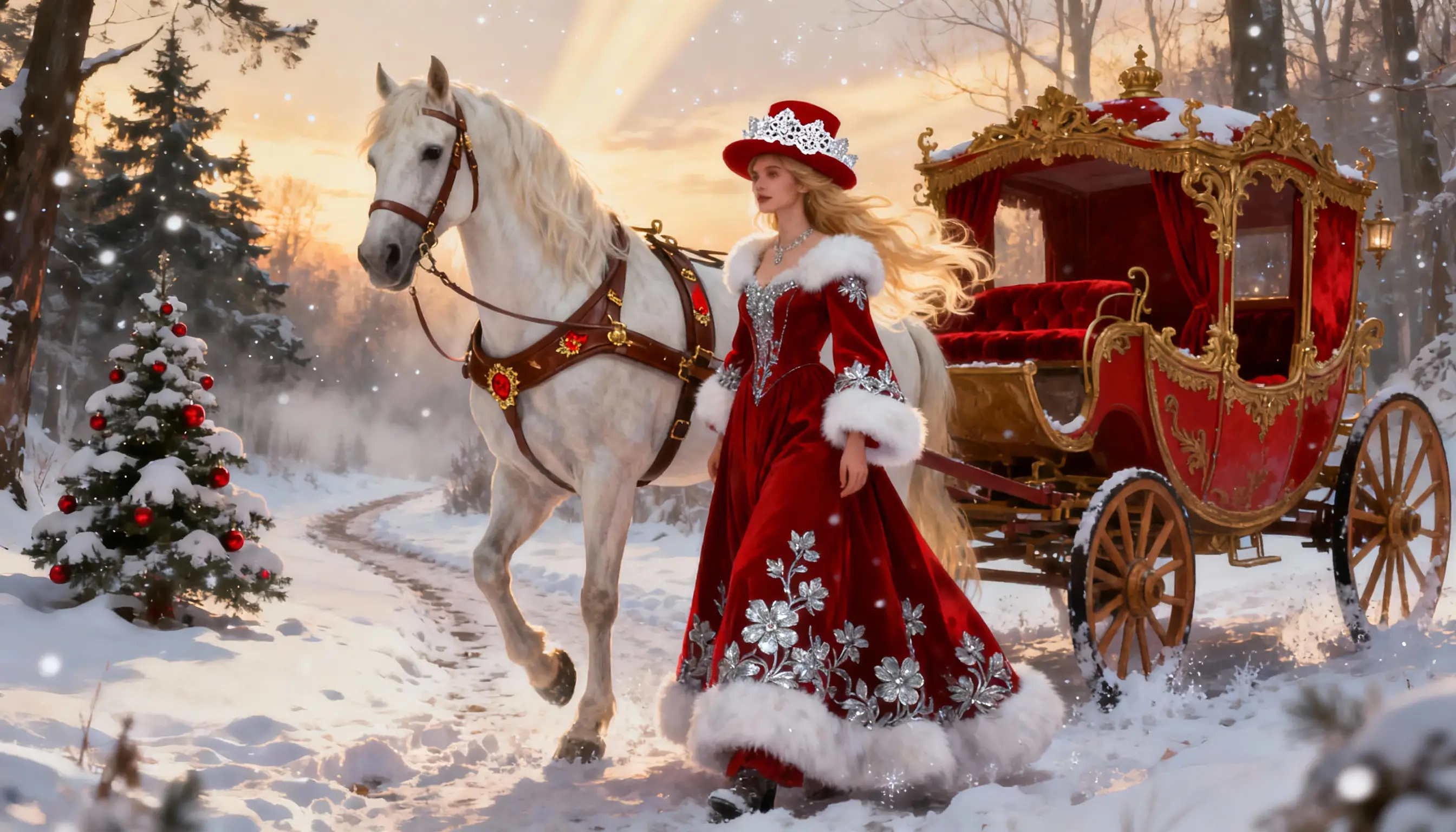 雪林中乘坐白馬馬車的優雅女子