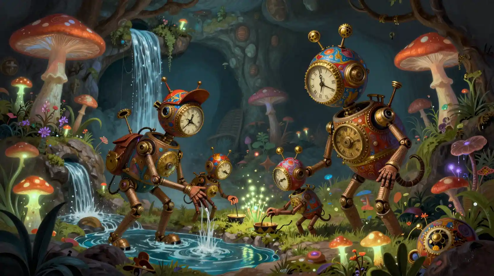 Clockwork automatons tending a glowing underground mushroom garden