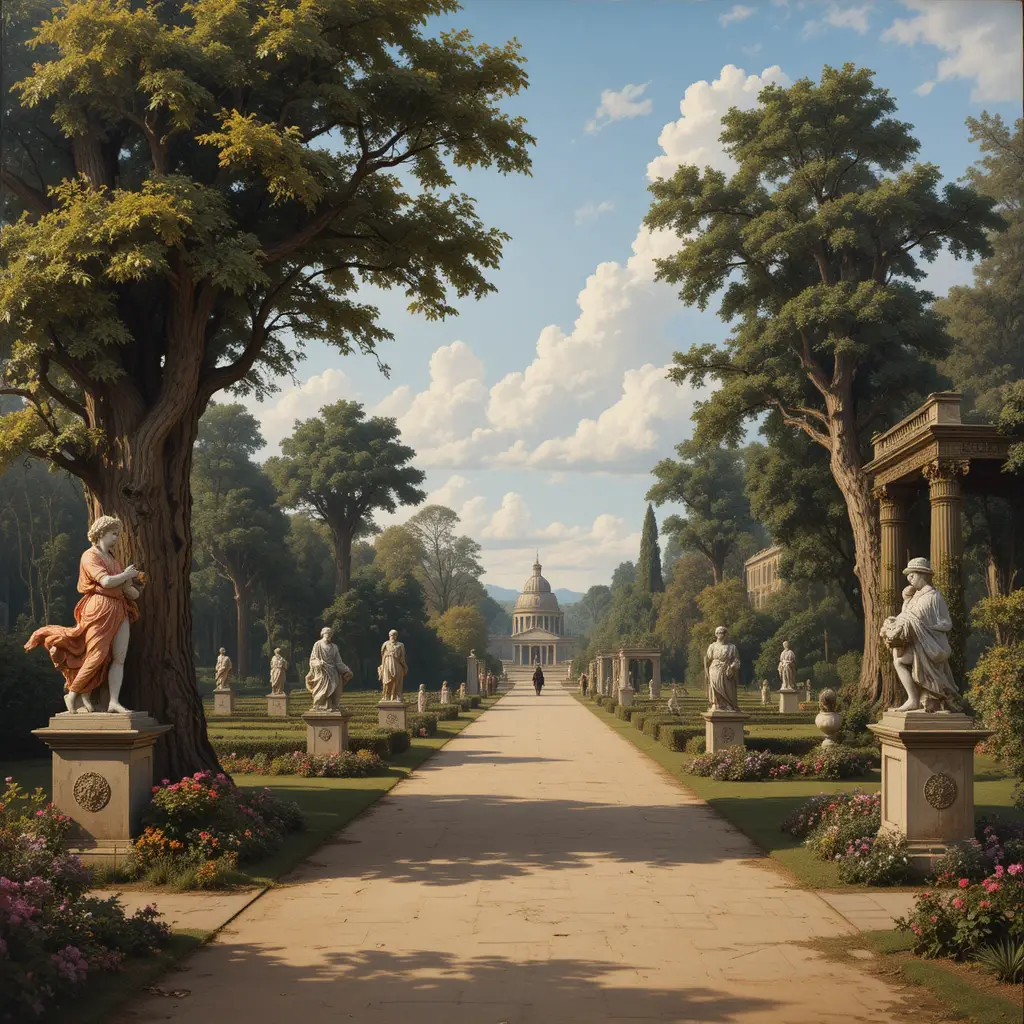 Lavender baroque garden with ornate architecture and statues
