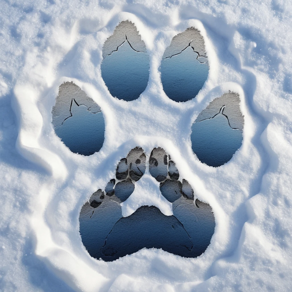 Detailed paw print in snow with tiny winter landscapes