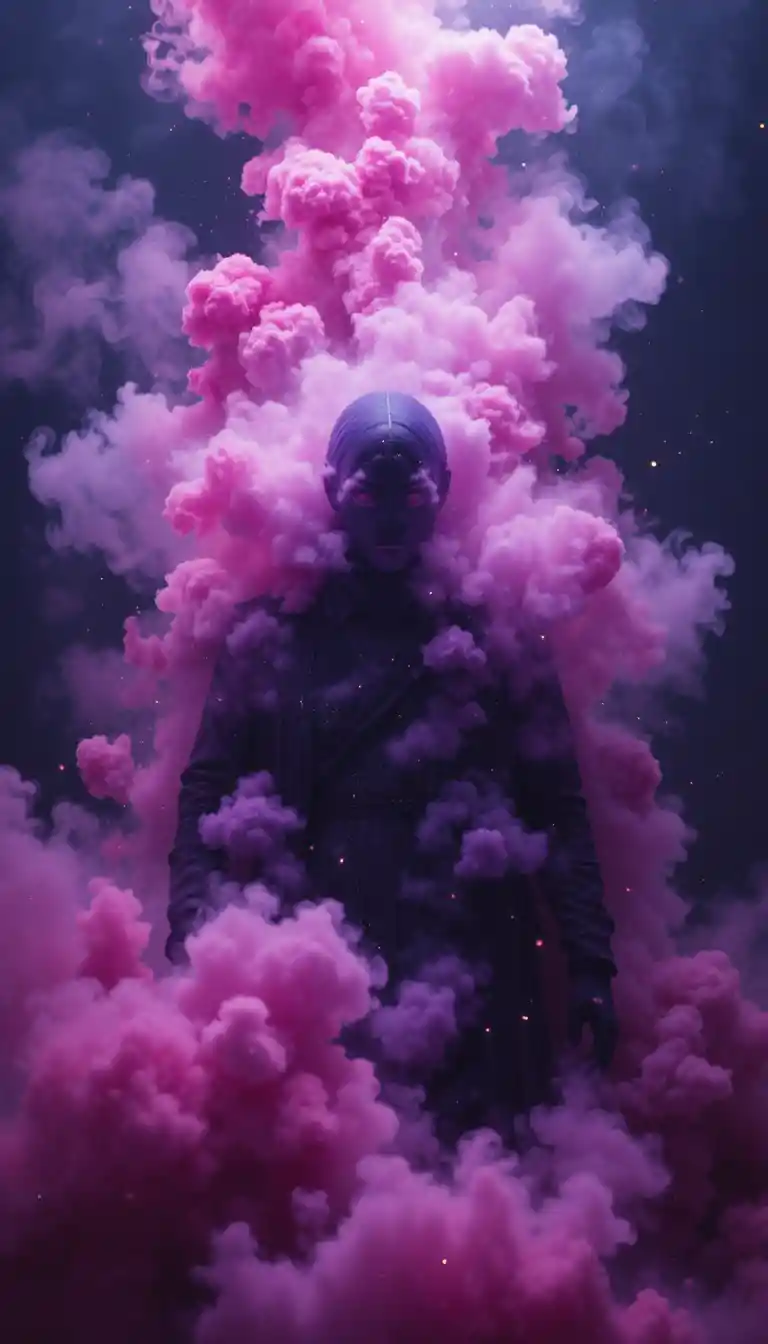 Silhouette mystérieuse disparaissant dans une fumée rose et violette