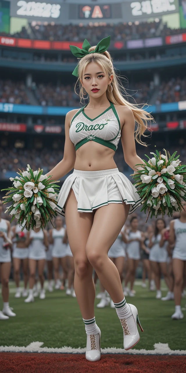 Blonde cheerleader jumping on football field with pom poms