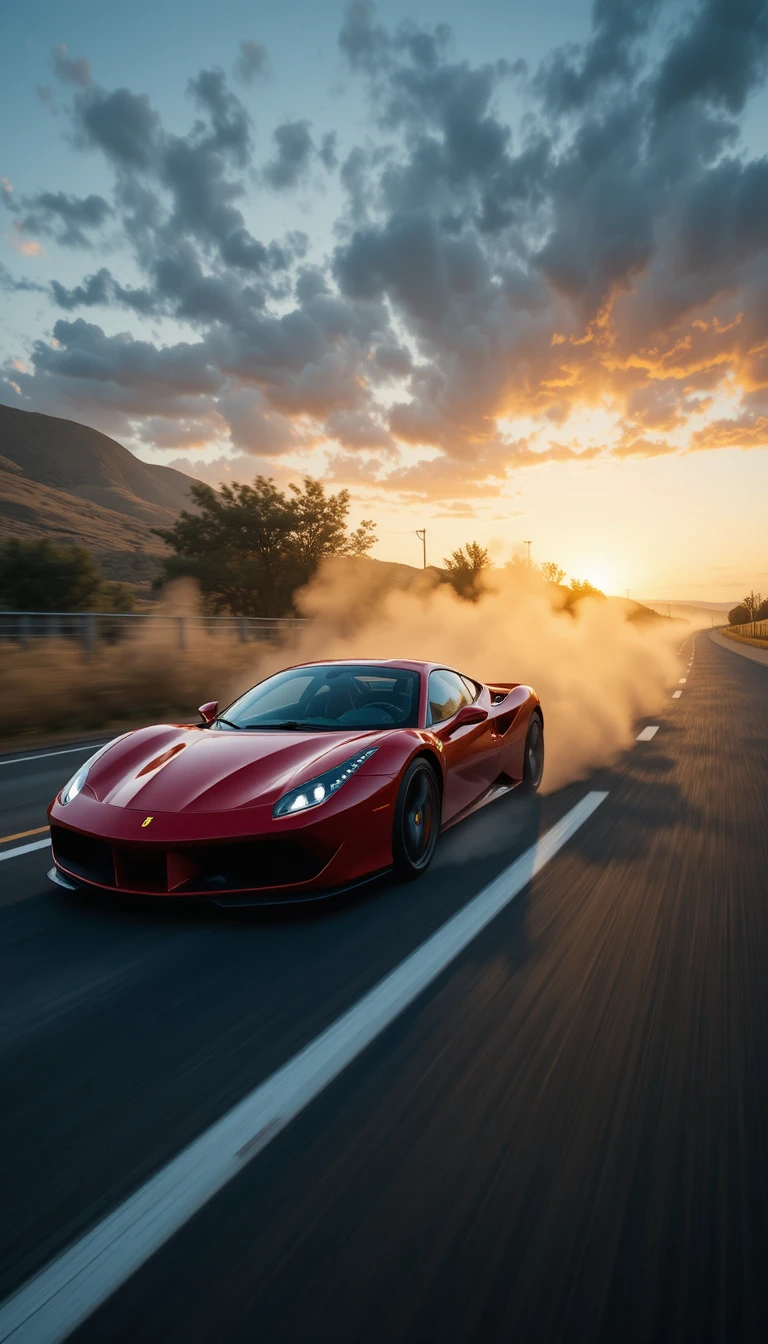 Coche deportivo rojo corriendo por la autopista entre el polvo dorado del atardecer