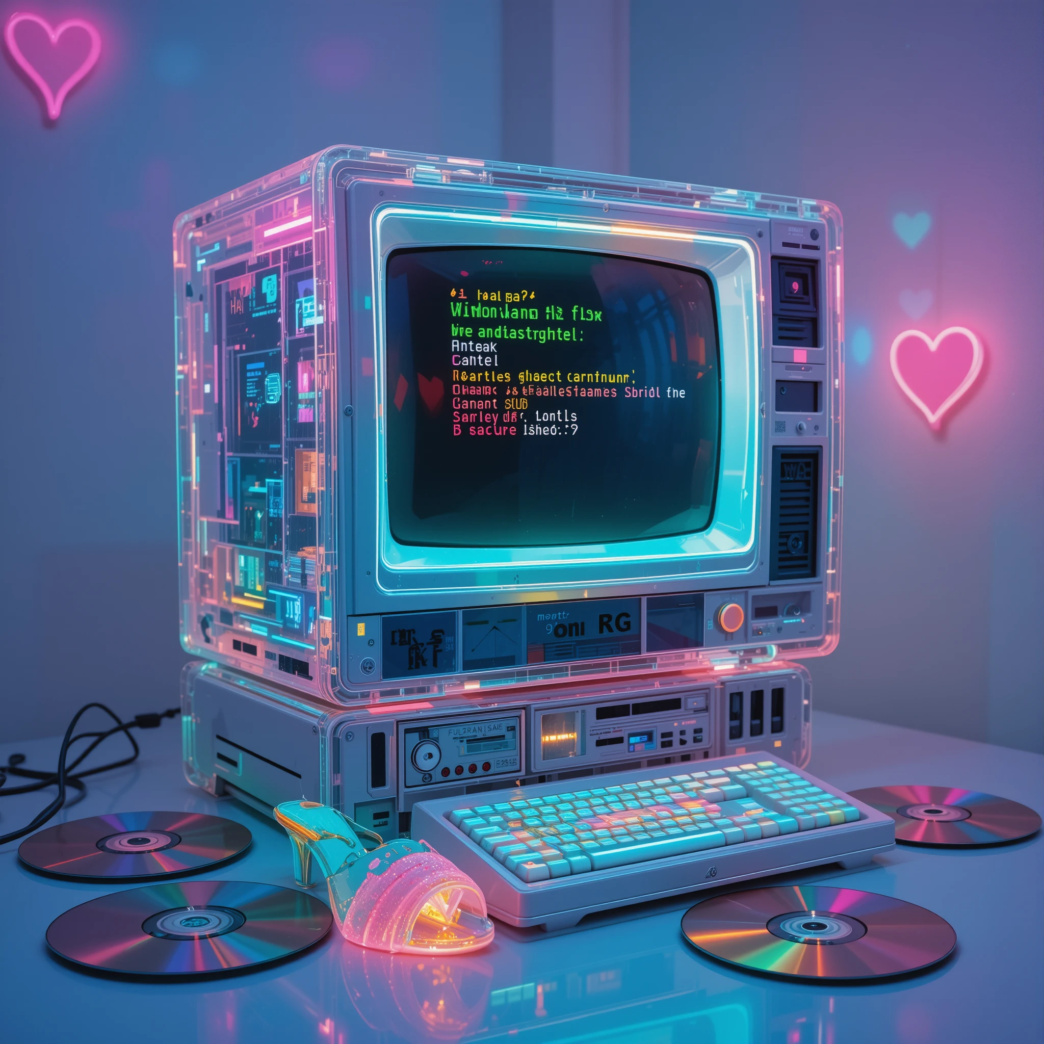 Holographic glitch computer with neon retro cyber details