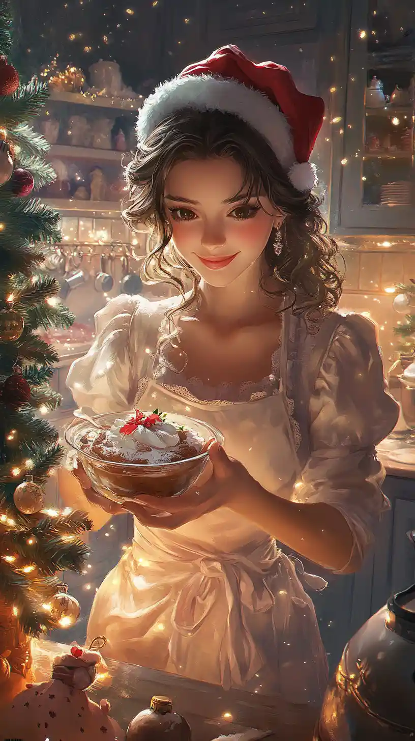 Smiling woman with christmas dessert in cozy kitchen