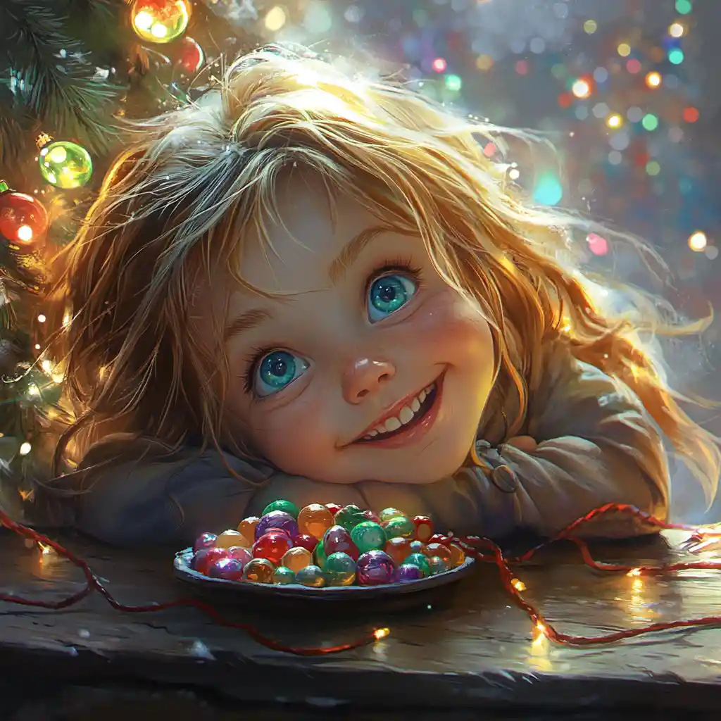 Fillette souriante admirant un plat coloré de bonbons de Noël