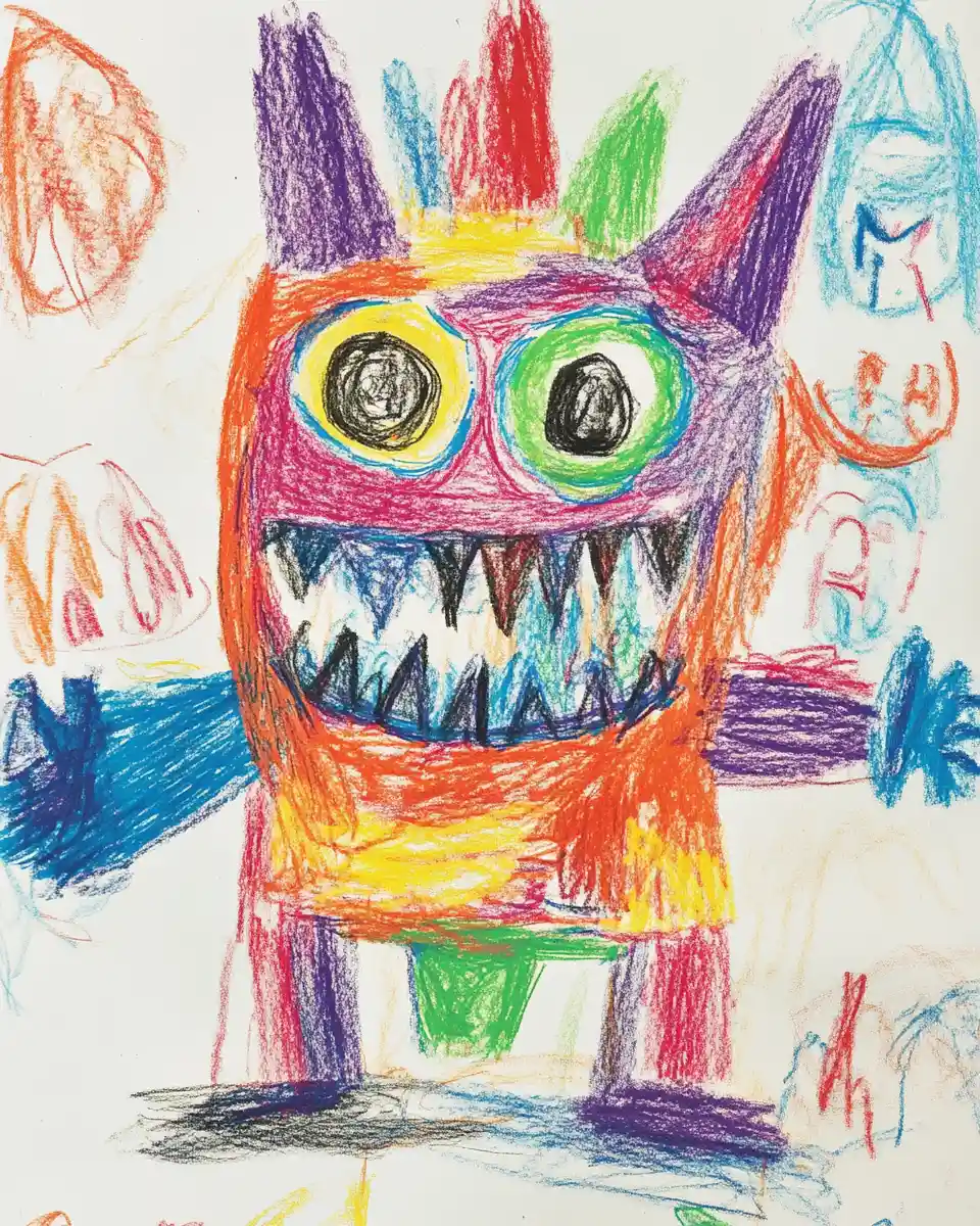 Bunte Monsterzeichnung mit Wachsmalstiften von einem kleinen Kind