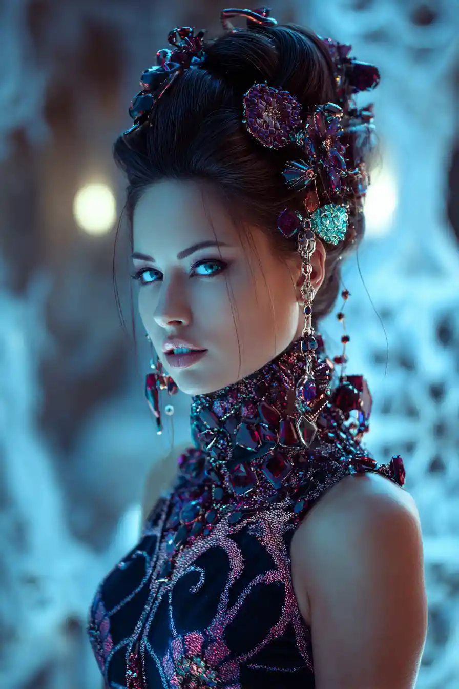 Persian woman in jeweled couture in a moonlit courtyard