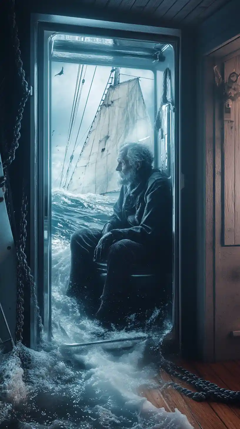 Viejo pescador en un refrigerador a la deriva en un mar tormentoso