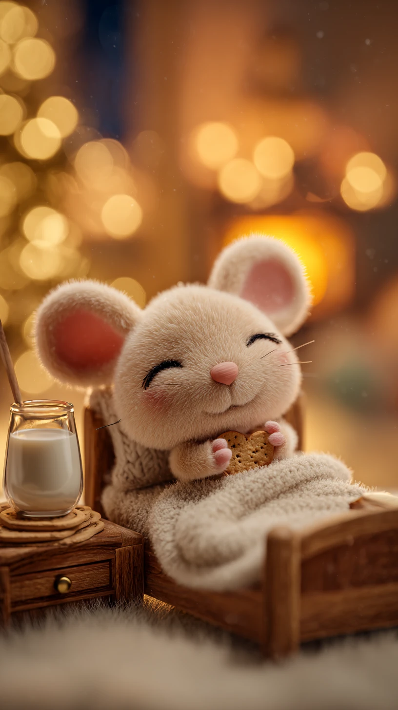 Niedliche 3D-Maus schläft in einem gemütlichen Weihnachtsbett