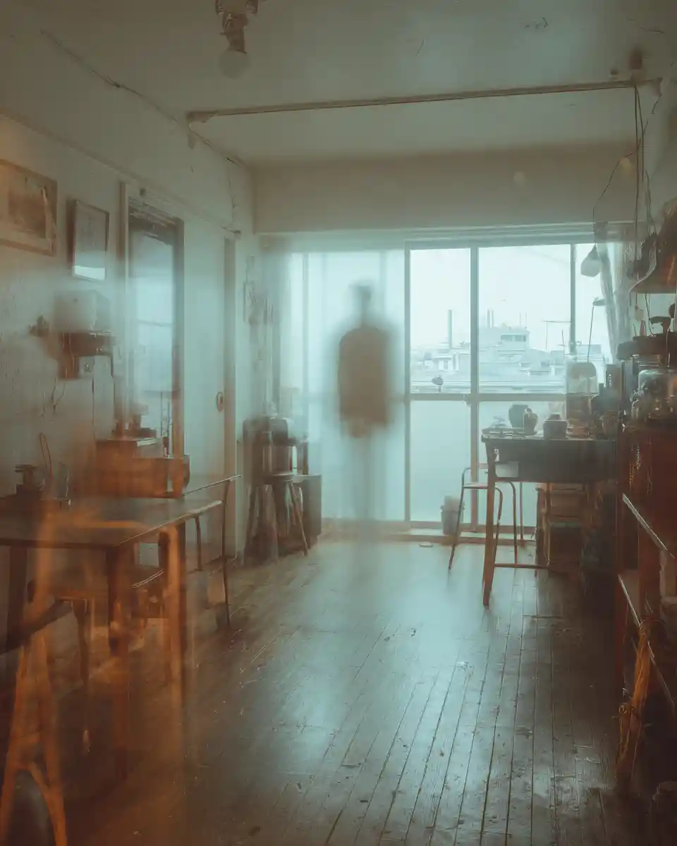 Surreal Tokyo apartment with a man moving through bending space
