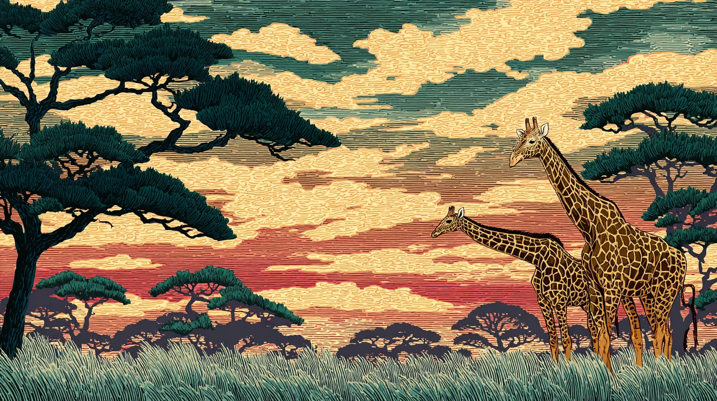 Ukiyo-e-Giraffen in einer afrikanischen Savanne bei Sonnenuntergang