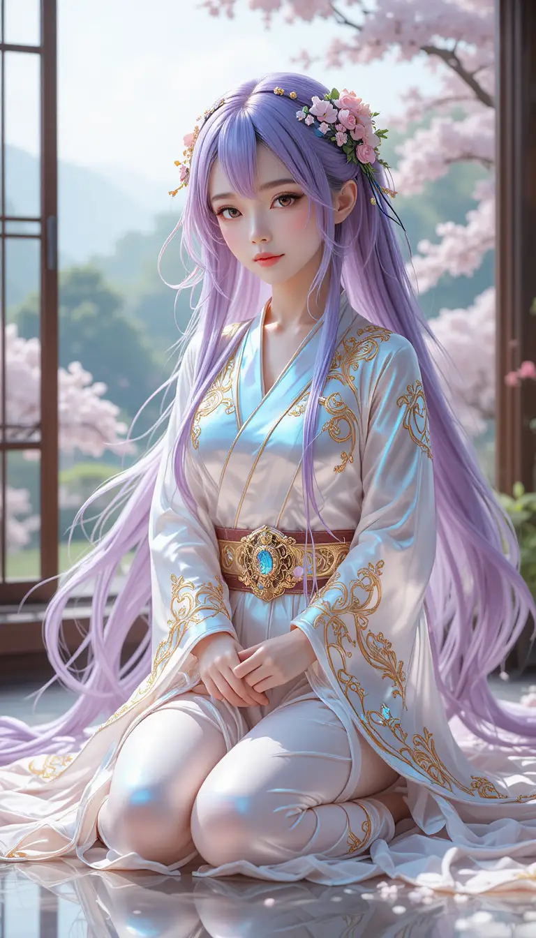 Donna eterea dai capelli viola in una veste scintillante