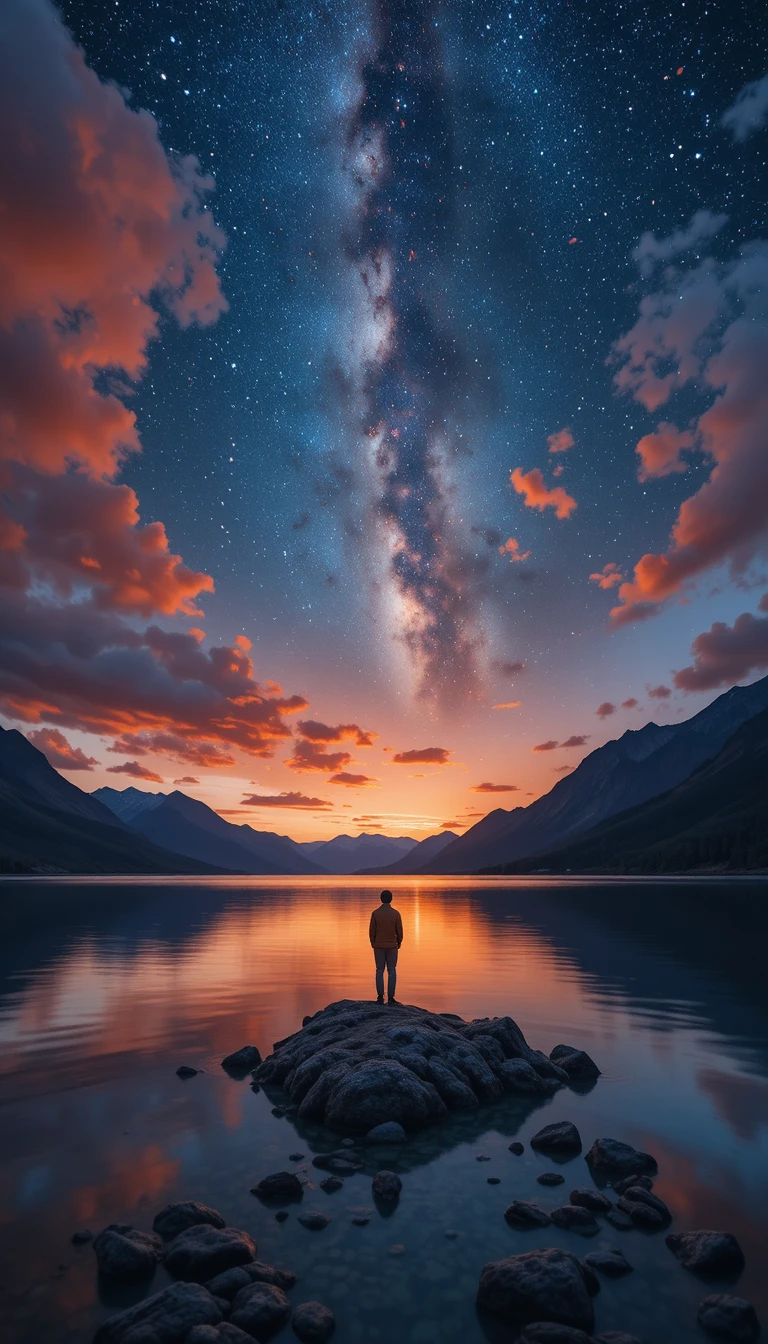 Figura solitária em um lago montanhoso estrelado ao pôr do sol