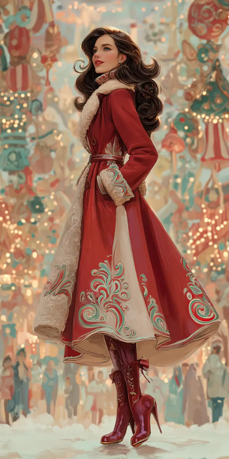 Femme souriante en manteau de Noël rouge festif avec des lumières