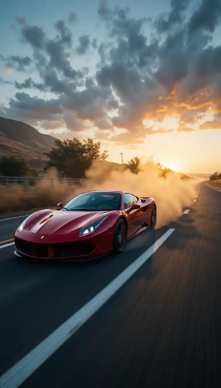 Red sports car racing along highway through golden sunset dust