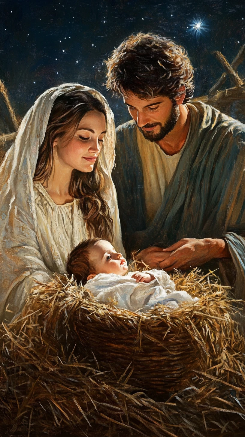 Holy family nativity scene in a warmly lit stable