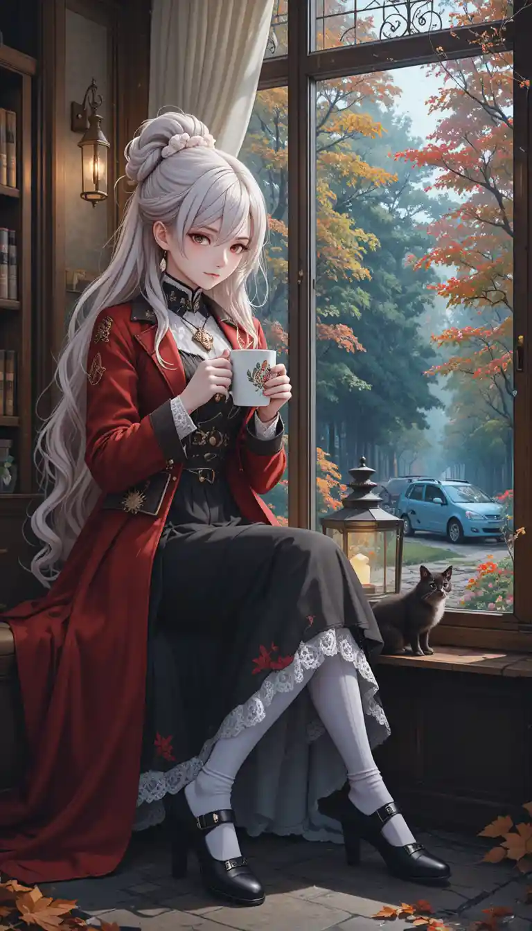 White haired anime girl in red coat drinking coffee in cafe