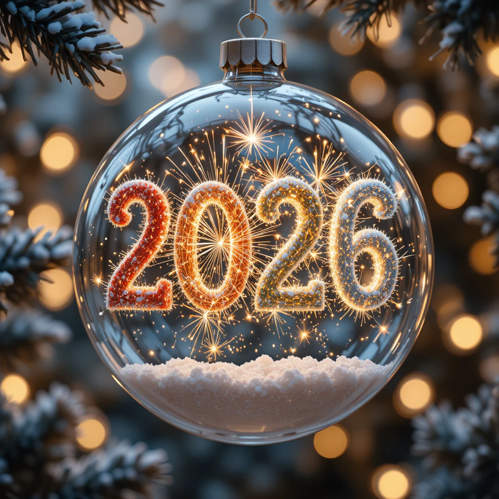 Glass christmas ornament with glowing 2026 fireworks inside