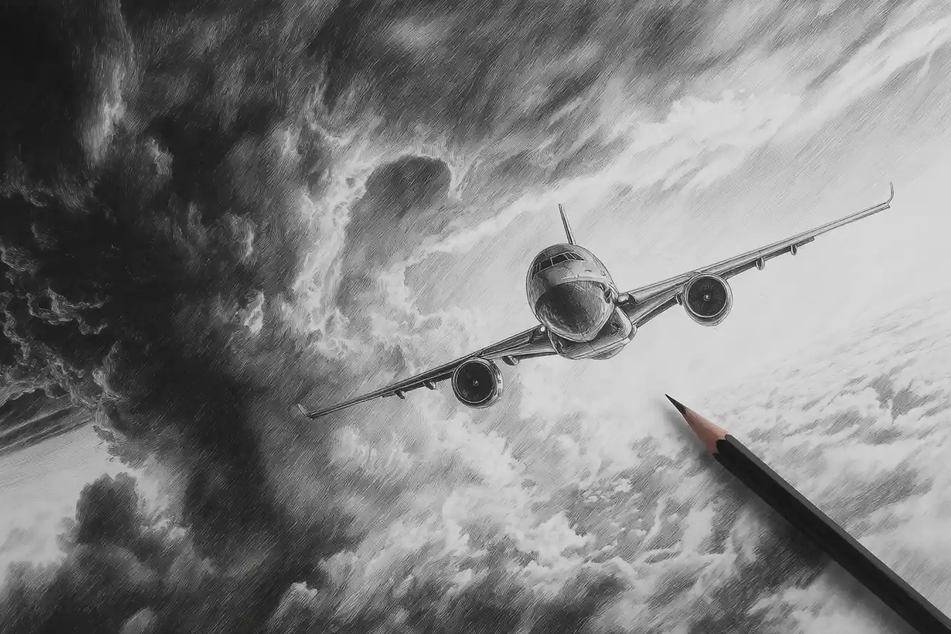 Pencil sketch airplane flying through a dramatic thunderstorm