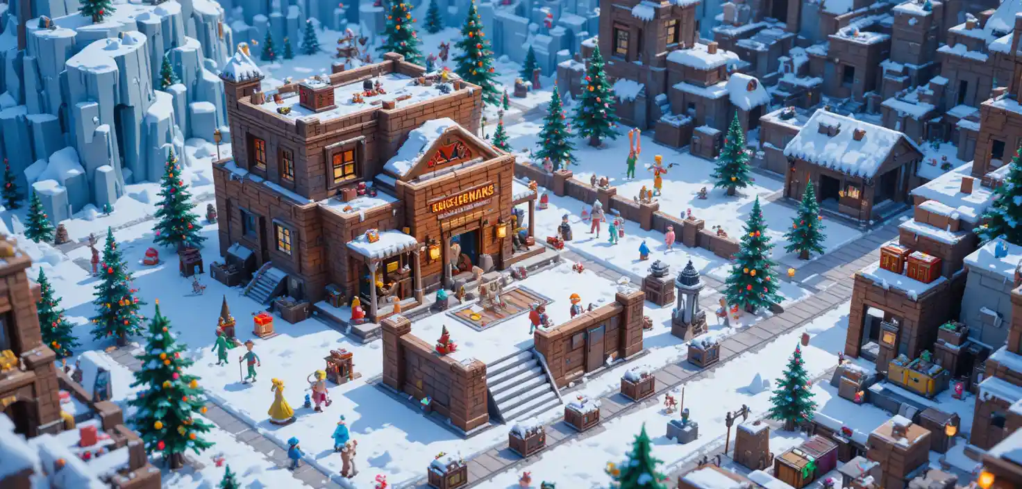 Paesaggio oasi voxel con una torre imponente e officina fantasy