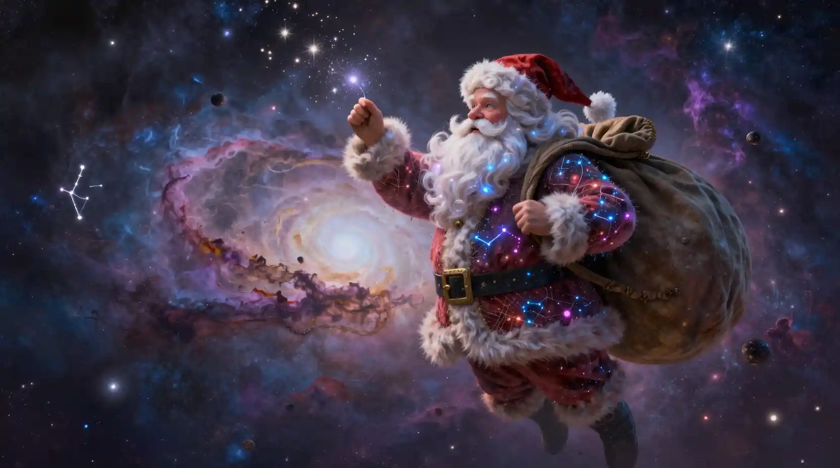 Babbo Natale celestiale che fluttua tra luminose nebulose cosmiche