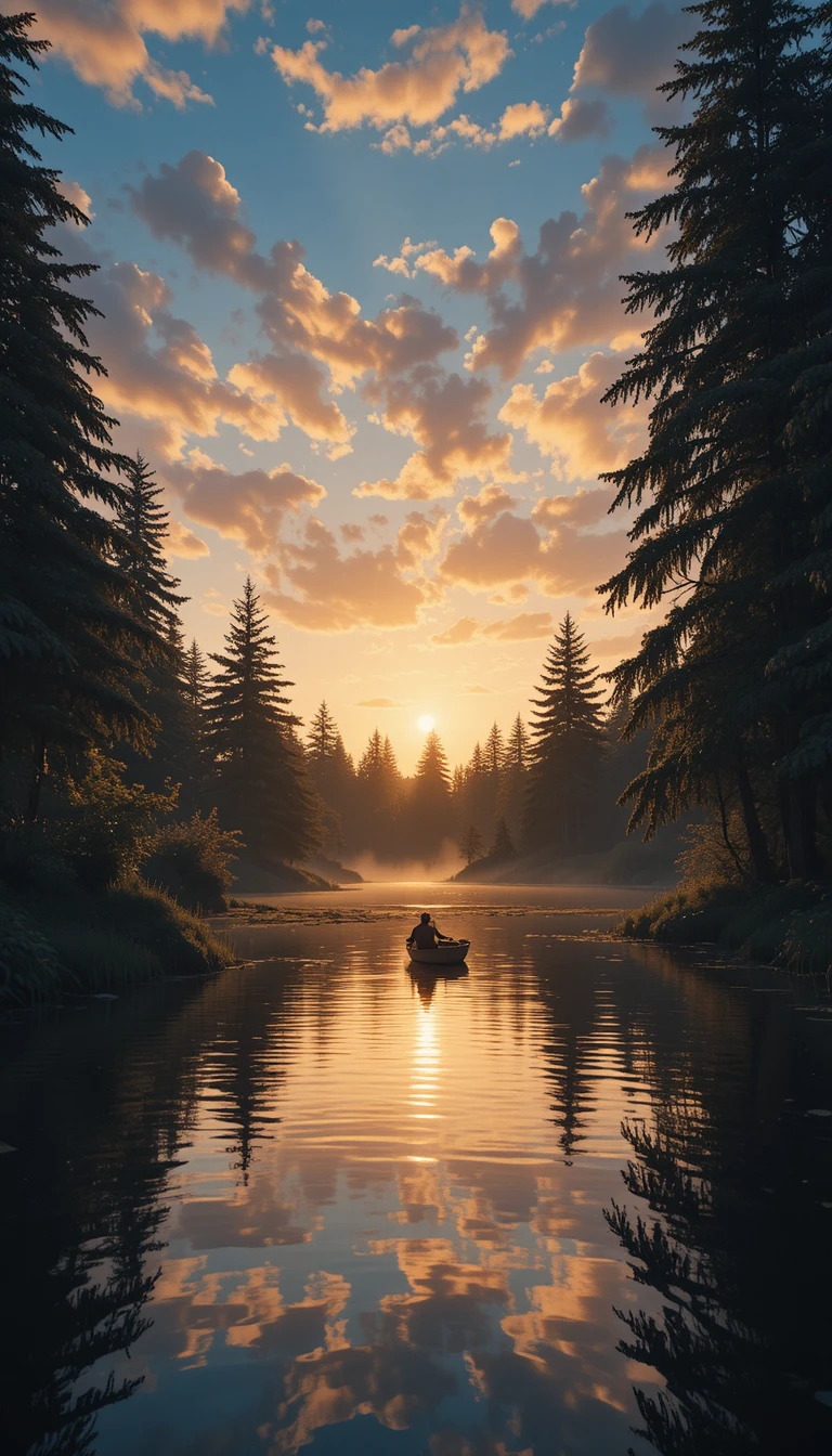 Remador solitário em lago tranquilo ao pôr do sol dourado