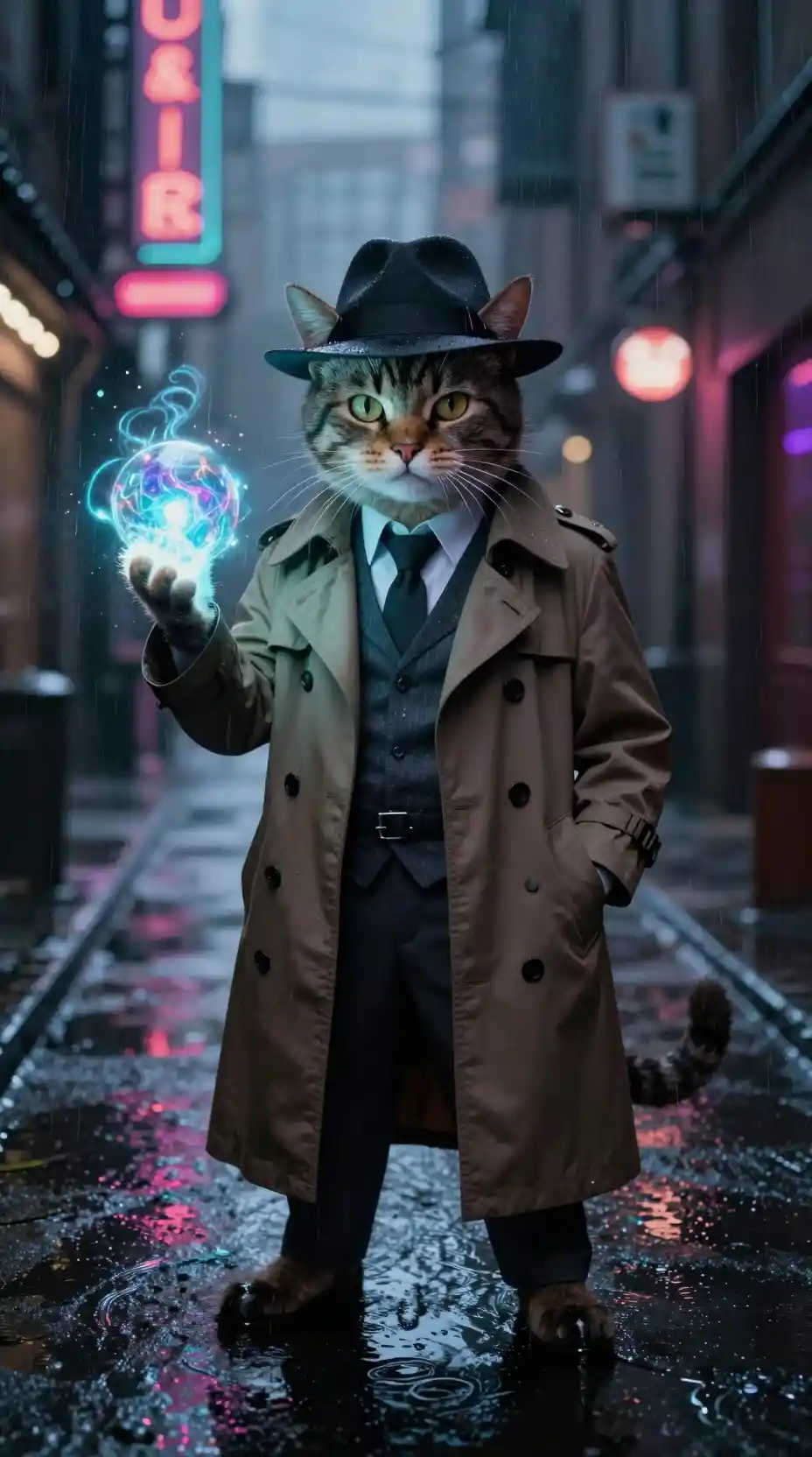 Anthropomorpher Katzendetektiv in neonbeleuchteter Noir-Gasse