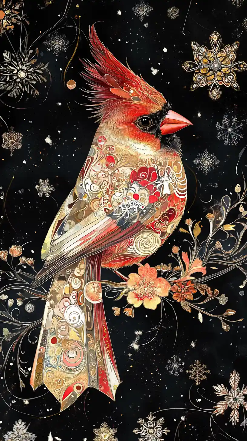 Majestic cardinal on ornate holy branch in dark fantasy scene