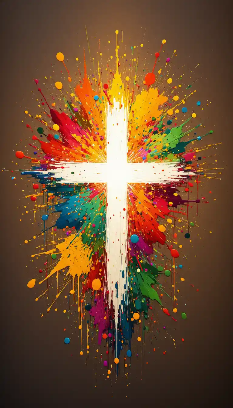 Glowing White Cross With Colorful Abstract Paint Splashes