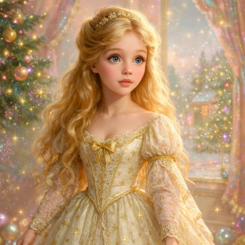 Golden haired fairy tale girl in a magical christmas scene