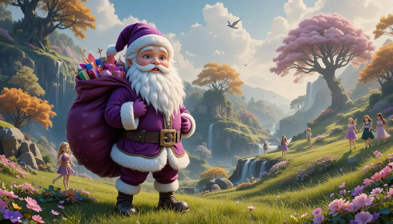 Smiling young boy Santa in violet clothes in fairy forest