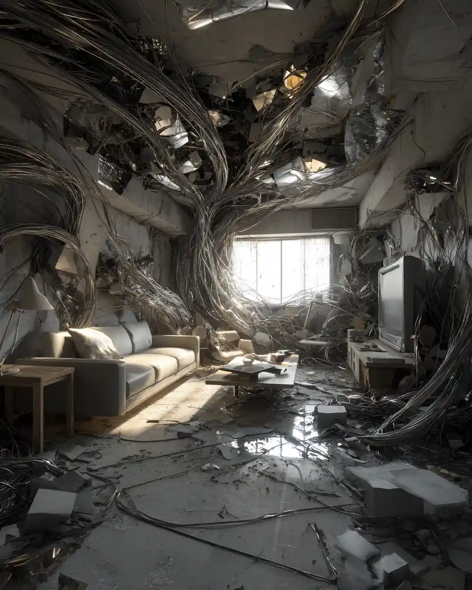 Tokyo apartment interior torn by surreal biological collapse