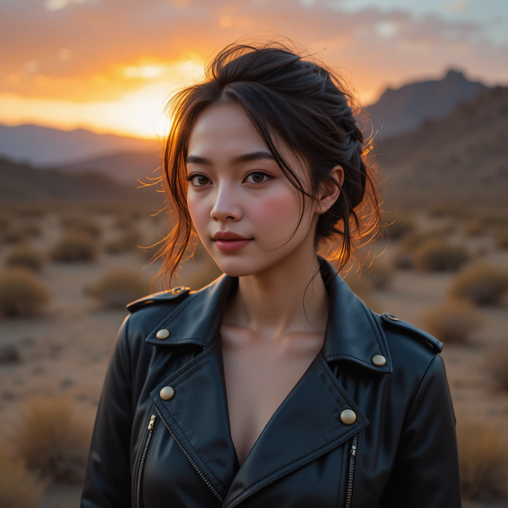 Jeune femme en veste en cuir dans un paysage désertique au coucher du soleil