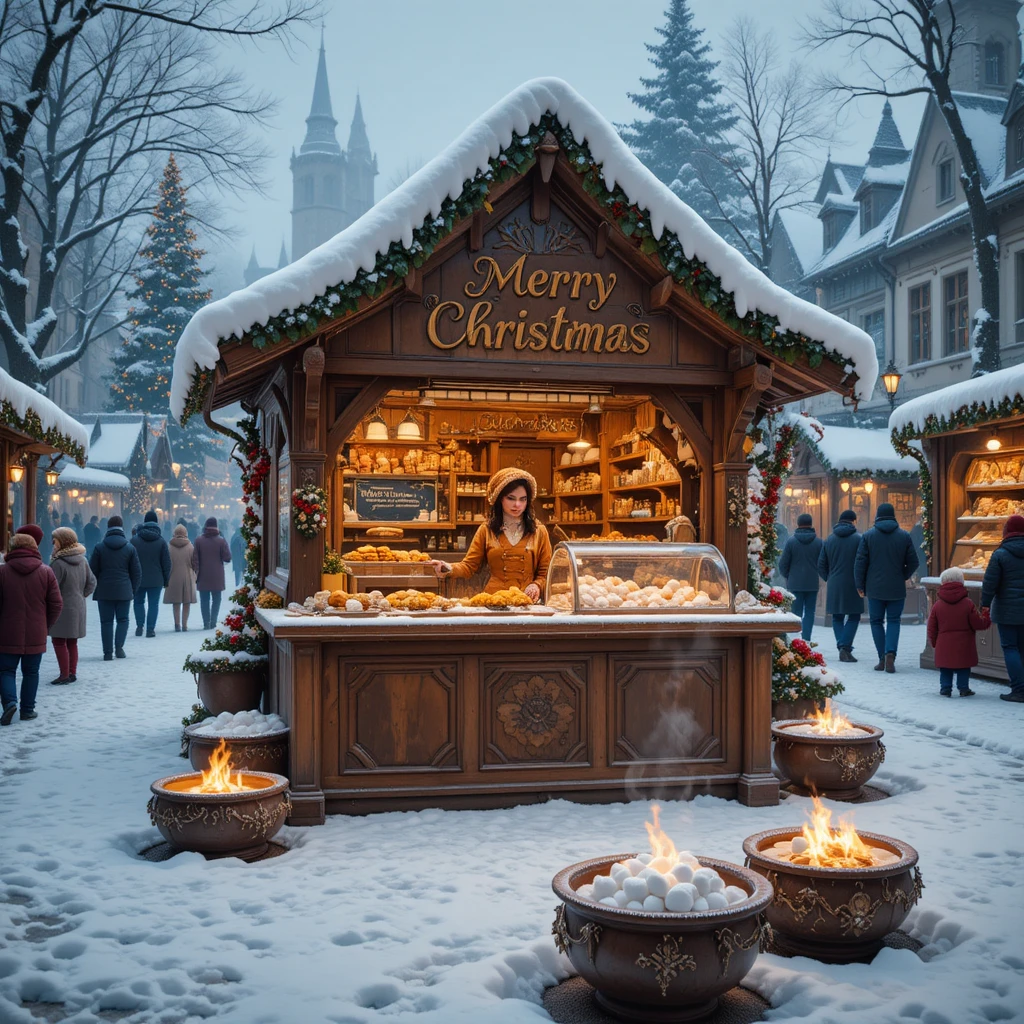 Barraca de mercado de Natal nevada com pão de gengibre e doces