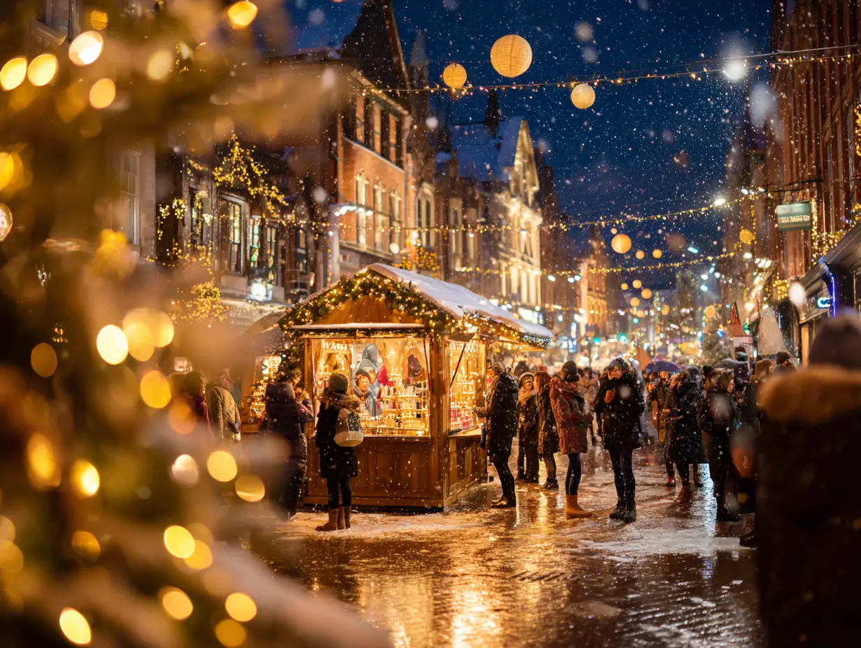 Festliche Nachtmenge auf einem leuchtenden Stadtplatz