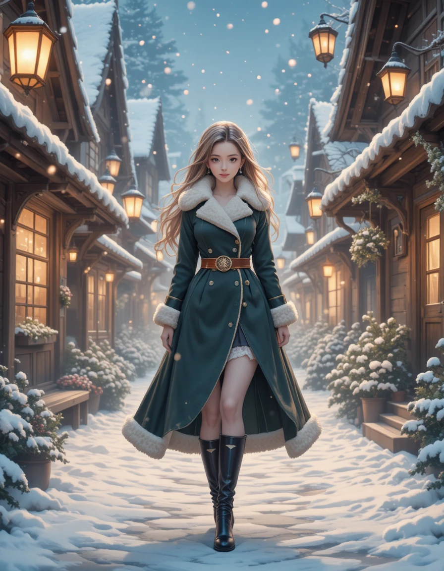 Anime woman walking through a snowy lantern lit fantasy village