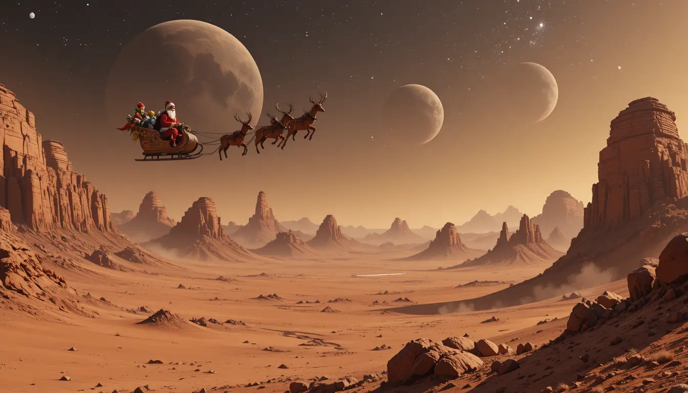 Green alien child watching Santa fly over Mars mountains