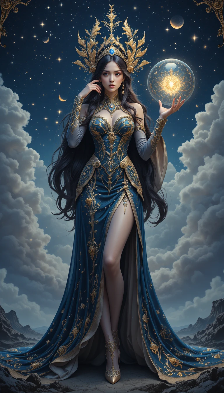 Elegant fantasy woman with glowing orb in starry night sky